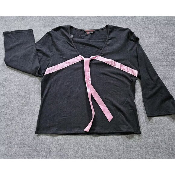 Simon Chang Top XL Womens Black Pink Ribbon 3/4 Sleeve V Neck Y2K Office Boho - Picture 9 of 11